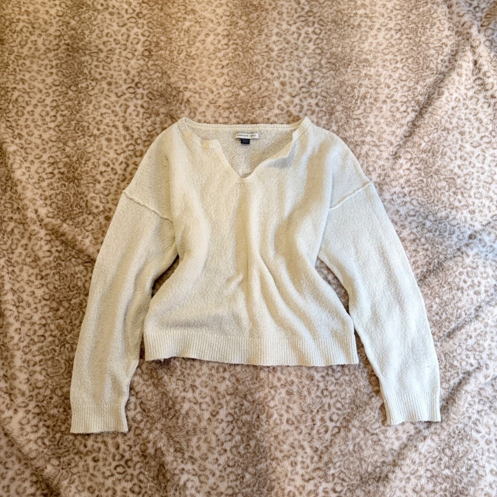 American Eagle Cream Knit V-Neck Sweater Womens XS Slouchy Boho Vibe